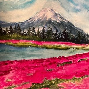 Pink mountain landscape watercolor paintings northwest